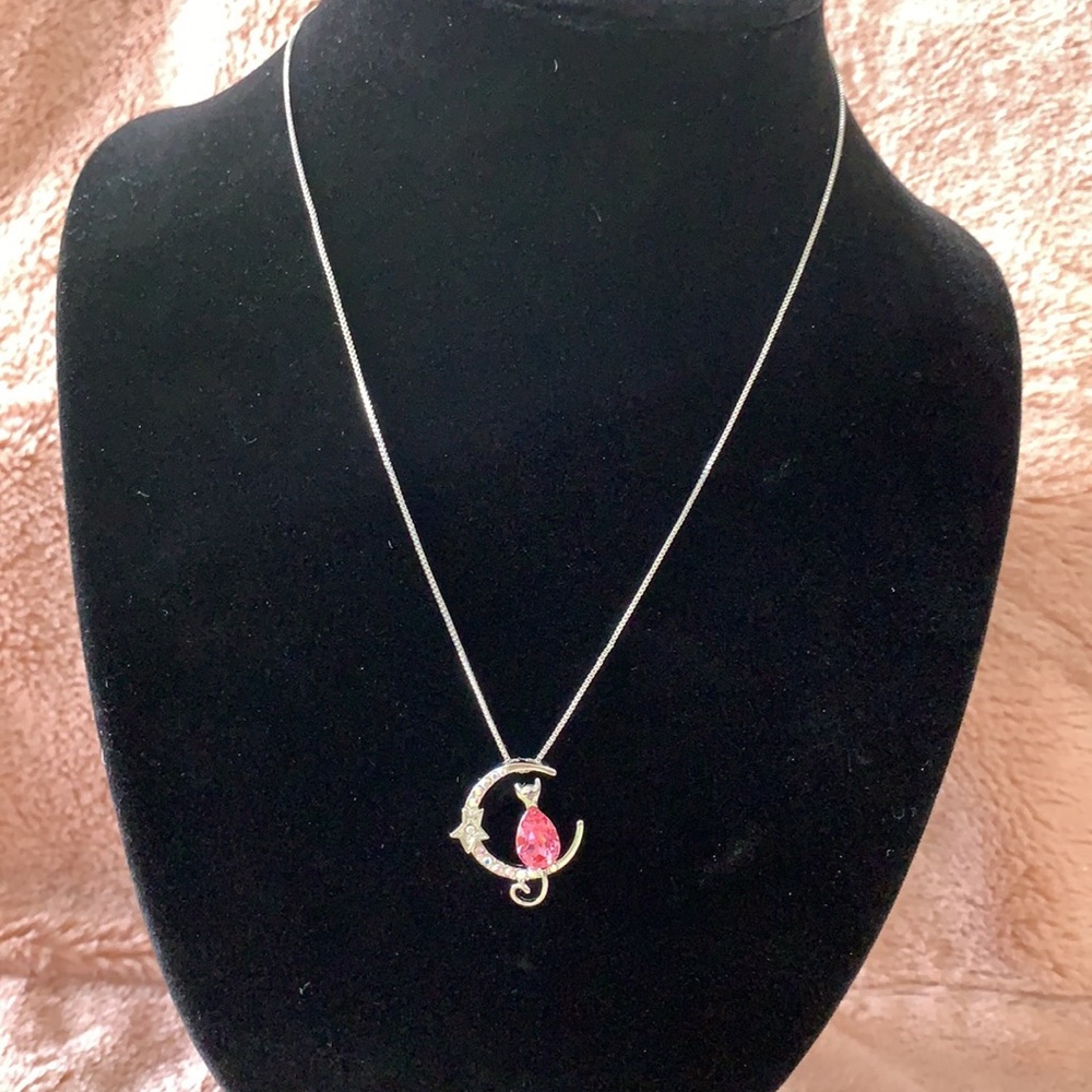 Cat on a Crescent Moon Pendant Necklace - Picture 1 of 11